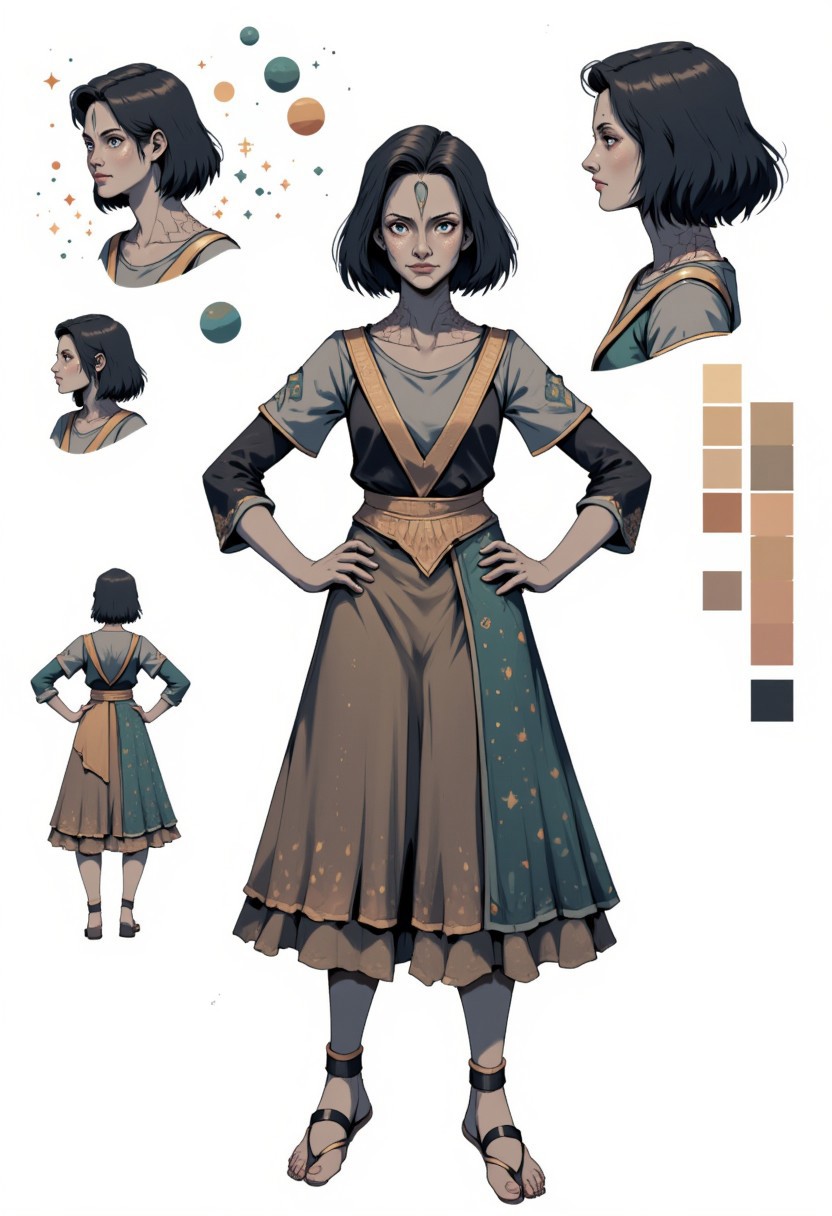 reference sheet,white background,simple background,multiple views, upper body, front, from side, color palette reference, the subject is a young female Cardassian alien with gray skin, (grey skin), forehead crest, neck ridges and scales. short black hair, she stands in a confidant pose with both hands on her hips, CharacterDesignFLUX, high_detailed, captured in high detail, surrounded by sci-fi stars and planets