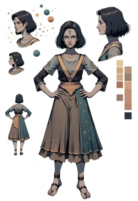 reference sheet,white background,simple background,multiple views, upper body, front, from side, color palette reference, the subject is a young female Cardassian alien with gray skin, (grey skin), forehead crest, neck ridges and scales. short black hair, she stands in a confidant pose with both hands on her hips, CharacterDesignFLUX, high_detailed, captured in high detail, surrounded by sci-fi stars and planets