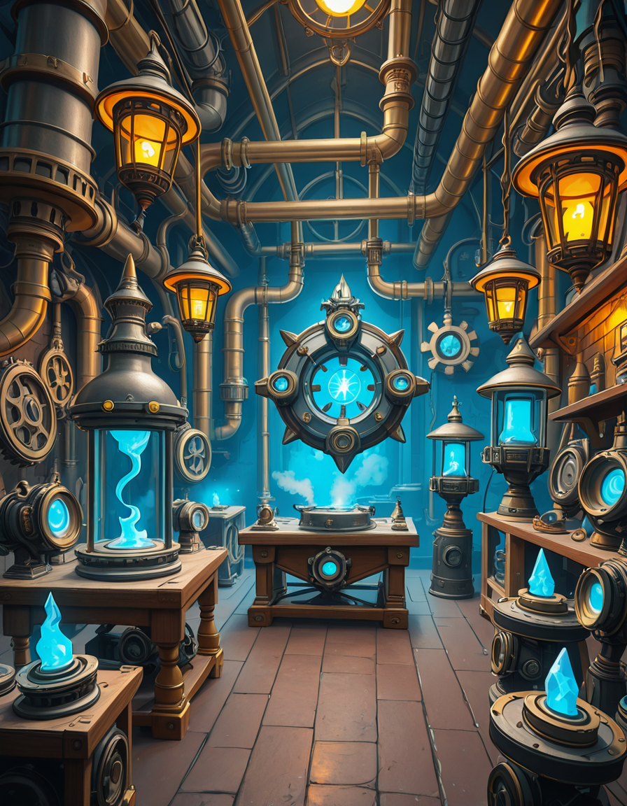 A highly detailed and immersive gnome workshop inspired by World of Warcraft, filled with intricate mechanical devices, glowing gadgets, and arcane-infused machinery. The workshop is cluttered with blueprints, gears, and steam-powered contraptions, creating a vibrant steampunk-fantasy aesthetic. The lighting comes from flickering arcane lamps, neon-colored tubes, and softly glowing mana crystals, casting a warm yet mysterious ambiance. In the background, large brass pipes, rotating cogs, and suspended platforms form a complex, multi-layered workspace. A large workbench at the center is covered with half-finished inventions, from tiny clockwork creatures to experimental energy weapons. The walls are adorned with schematics, tool racks, and magical energy conduits. The atmosphere feels lively, as if gnome engineers have just stepped away from their latest tinkering project, leaving sparks flying and steam hissing from unfinished experiments. The color palette is a mix of vibrant blues, greens, and metallic hues, enhancing the high-tech yet whimsical charm of gnomish engineering.<lora:SDXLFaeTastic2400:0.4> <lora:extremely_detailed:0.4> extremely detailed,gnome w0rksh0p <lora:gnome_w0rksh0p-i:1>, Masterpiece,best quality,hi res,8k,hi res,8k,award winning,(sharp focus, intricate, highly detailed),