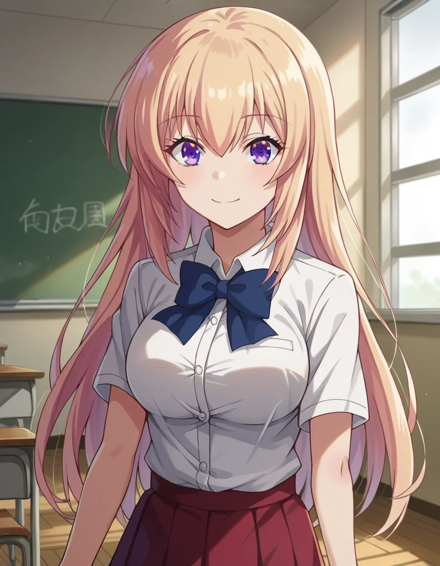 score_9, score_8_up, score_7_up, source_anime,
honamiichinose, <lora:honami-ichinose-s2-ponyxl-lora-nochekaiser:1>
honami ichinose, long hair, blonde hair, purple eyes, hair between eyes,
skirt, bow, school uniform, pleated skirt, bowtie, blue bow, red skirt, collared shirt, white shirt, short sleeves,
indoors, classroom, smile,
looking at viewer, dutch angle, cowboy shot