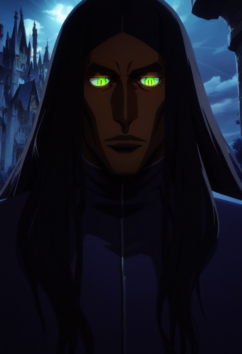 score_9, score_8_up, score_7_up, score_6_up, score_5_up, score_4_up, castlevania_(netflix), castlevania style, castl3van1a5tyl3, (olrox), (perfect face, perfect eyes), BREAK, 1male, long black hair, dark-skinned_male, dark skin,, eyelashes, bleach style, (green eyes, glowing eyes, slit_pupils), fancy clothes, castlevania style, light shining, rays of light, night, Outside at night, a walled village in the distance, towers, stone,AddXL, sm_an_stl ,source_anime, anime screencap, anime, animification