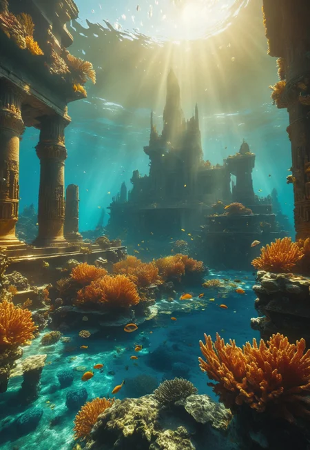 Underwater City of Atlantis: A lost city deep underwater. Buildings made of gold and coral, adorned with mythical creatures. Rays of light pierce through the water's depth, creating a play of shadows and glimmers. Sea creatures swim around, and in the distance, a huge underwater volcano looms. The atmosphere is mysterious and enigmatic --v 6.1
(8k uhd:1,4)
(((full-clothed))),
<lora:add-detail-xl:1>
<lora:Dynamic Poses:1>