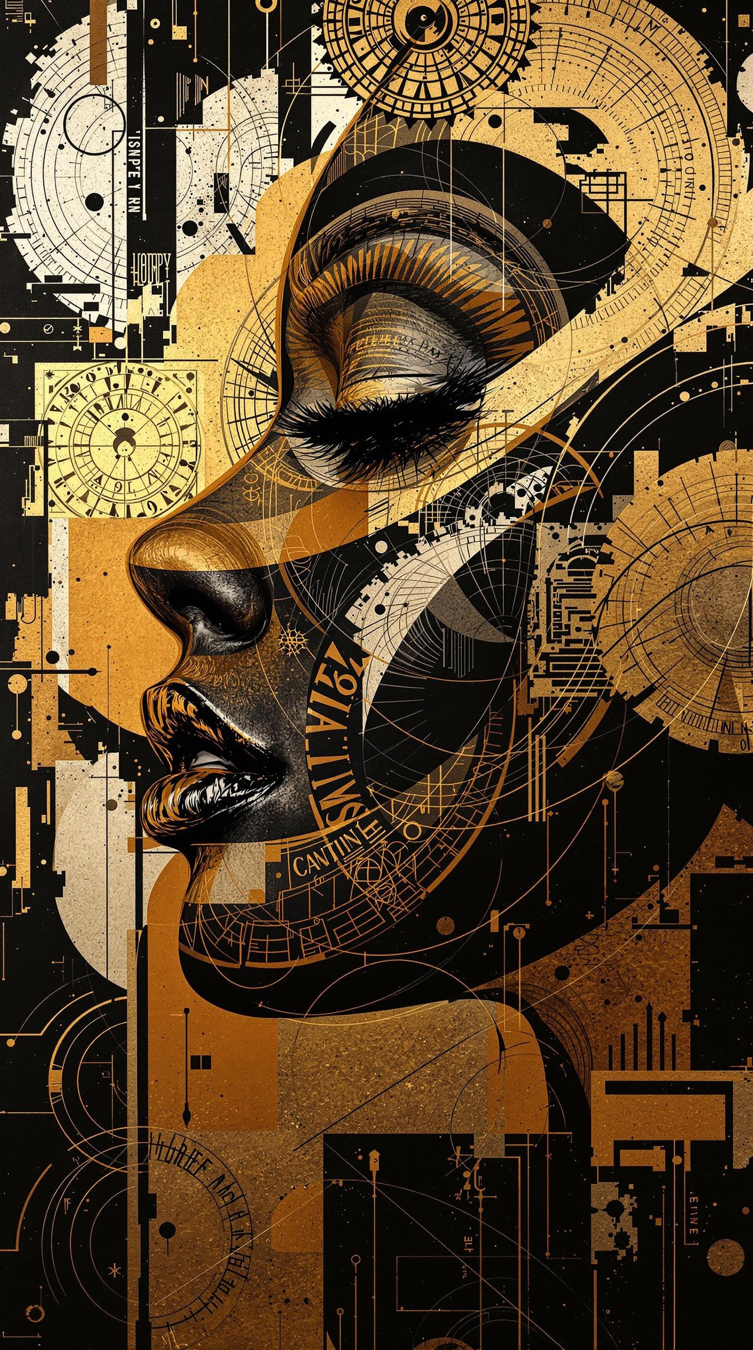 A captivating and vibrant portrait of a woman's profile, boldly rendered with overlapping layers of dynamic, geometric patterns inspired by Art Deco.  Intricate, gold-edged vintage stamps, some appearing slightly distressed, are layered over a base of deep blacks.  Abstract brushstrokes of gold and deep ochre create a sense of motion and depth, with the woman's face partially obscured by the dynamic design.  Her cheek, sculpted with sharp angles, is just visible, emerging from the overlapping patterns.  The strong contrast between the rich blacks and shimmering gold evokes a feeling of strength and sophistication.  The textured surface of the stamps suggests the tactile quality of aged paper and ink, subtly echoing the smooth, almost metallic sheen of the gold accents.  The bold colors and intricate patterns create a powerful, modern composition, inviting the viewer to dissect each element and trace the interplay of lines and shapes, while the hidden face conveys a sense of mystery and inner resilience.  The painting's overall energy is palpable, demanding attention and encouraging exploration of its hidden stories.

