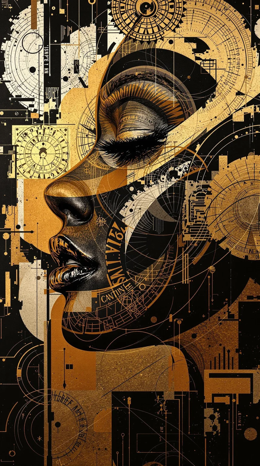 A captivating and vibrant portrait of a woman's profile, boldly rendered with overlapping layers of dynamic, geometric patterns inspired by Art Deco. Intricate, gold-edged vintage stamps, some appearing slightly distressed, are layered over a base of deep blacks. Abstract brushstrokes of gold and deep ochre create a sense of motion and depth, with the woman's face partially obscured by the dynamic design. Her cheek, sculpted with sharp angles, is just visible, emerging from the overlapping patterns. The strong contrast between the rich blacks and shimmering gold evokes a feeling of strength and sophistication. The textured surface of the stamps suggests the tactile quality of aged paper and ink, subtly echoing the smooth, almost metallic sheen of the gold accents. The bold colors and intricate patterns create a powerful, modern composition, inviting the viewer to dissect each element and trace the interplay of lines and shapes, while the hidden face conveys a sense of mystery and inner resilience. The painting's overall energy is palpable, demanding attention and encouraging exploration of its hidden stories.
