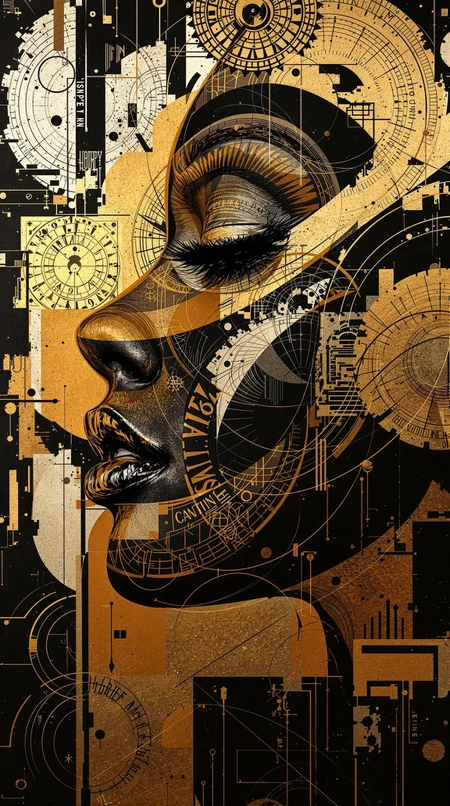 A captivating and vibrant portrait of a woman's profile, boldly rendered with overlapping layers of dynamic, geometric patterns inspired by Art Deco. Intricate, gold-edged vintage stamps, some appearing slightly distressed, are layered over a base of deep blacks. Abstract brushstrokes of gold and deep ochre create a sense of motion and depth, with the woman's face partially obscured by the dynamic design. Her cheek, sculpted with sharp angles, is just visible, emerging from the overlapping patterns. The strong contrast between the rich blacks and shimmering gold evokes a feeling of strength and sophistication. The textured surface of the stamps suggests the tactile quality of aged paper and ink, subtly echoing the smooth, almost metallic sheen of the gold accents. The bold colors and intricate patterns create a powerful, modern composition, inviting the viewer to dissect each element and trace the interplay of lines and shapes, while the hidden face conveys a sense of mystery and inner resilience. The painting's overall energy is palpable, demanding attention and encouraging exploration of its hidden stories.