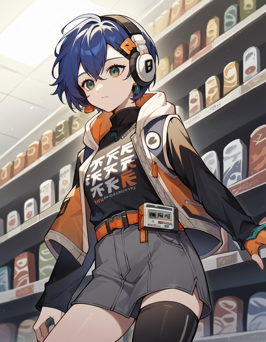 score_9, score_8_up, score_7_up, source_anime, <lora:zzz-belle-ponyxl-lora-nochekaiser:1>, belle, blue hair, green eyes, hair ornament, short hair,, belt, black shirt, black thighhighs, clothes writing, earrings, fingerless gloves, gloves, grey shorts, jewelry, long sleeves, orange belt, orange flower, orange socks, shirt, single fingerless glove, single thighhigh, jacket, hoodie, turtleneck,, music store, browsing records, headphones, vinyl collection, nostalgic, cowboy shot, dutch angle