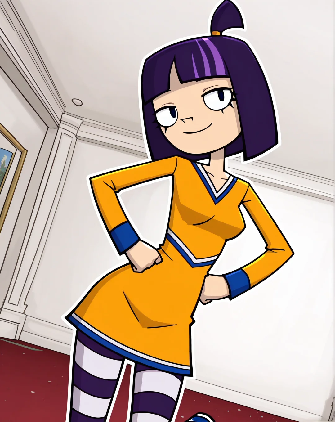 masterpiece, best quality, amazing quality, very aesthetic, absurdres, newest, solo, Theresa_FowlerZYN, , 1girl, solo, (purple hair, short hair, multicolored hair, small ponytail, team uniform, long sleeve dress, striped leggings, blue shoes), cowboy shot, looking at viewer, beautiful, ((beautiful face, beautiful eyes)), Breasts, Wide Hips, Big thighs, standing,(smile, dutch angle, Hands on hips,naughty pose, looking at viewer, indoors, elegant room, solo, dynamic pose, full_body, head tilt,),((white background, White frame, white outline))