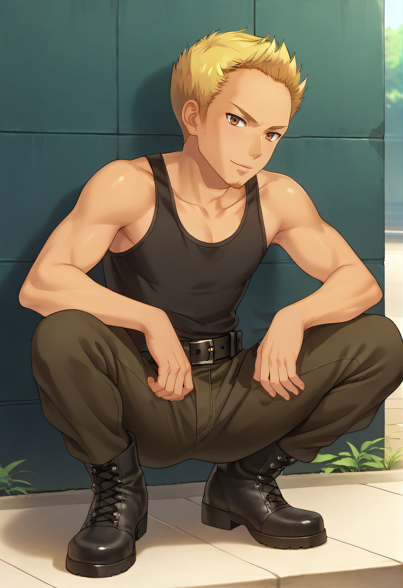 score_9, score_8_up, score_7_up, source_anime, rating_safe, intricate details, official style, anime coloring, 1boy, solo, male focus, <lora:Takeo:1>, takeo, blonde hair, dark brown eyes, tan, black tank top, dark pants, black belt, black boots, looking at viewer, outdoor, full body, squatting