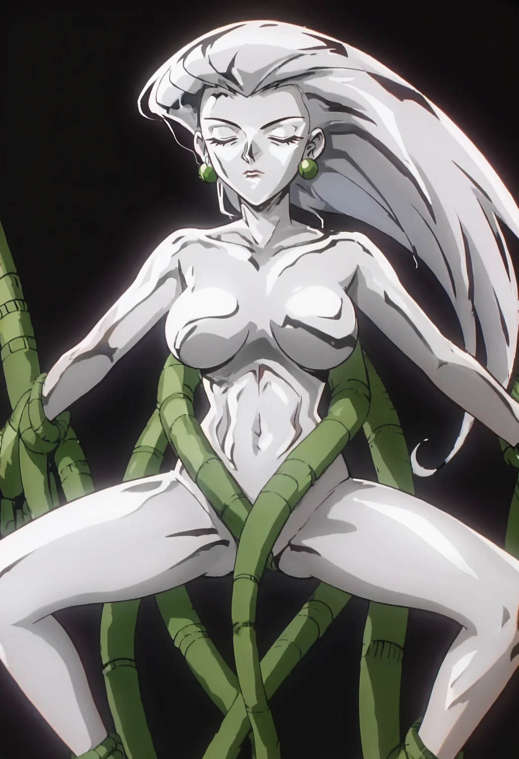 score_9, score_8_up, score_7_up, score_6_up, anime screencap, anime coloring, <lora:DGVirus:0.8>, cable, colored skin, silver skin, silver hair, breasts,
nude, navel, shiny skin, closed eyes, 
<lora:PMJessie_epoch_7:0.7>, PMJessie, long hair, silver earrings, bare legs, spread legs, 
BREAK black background,
