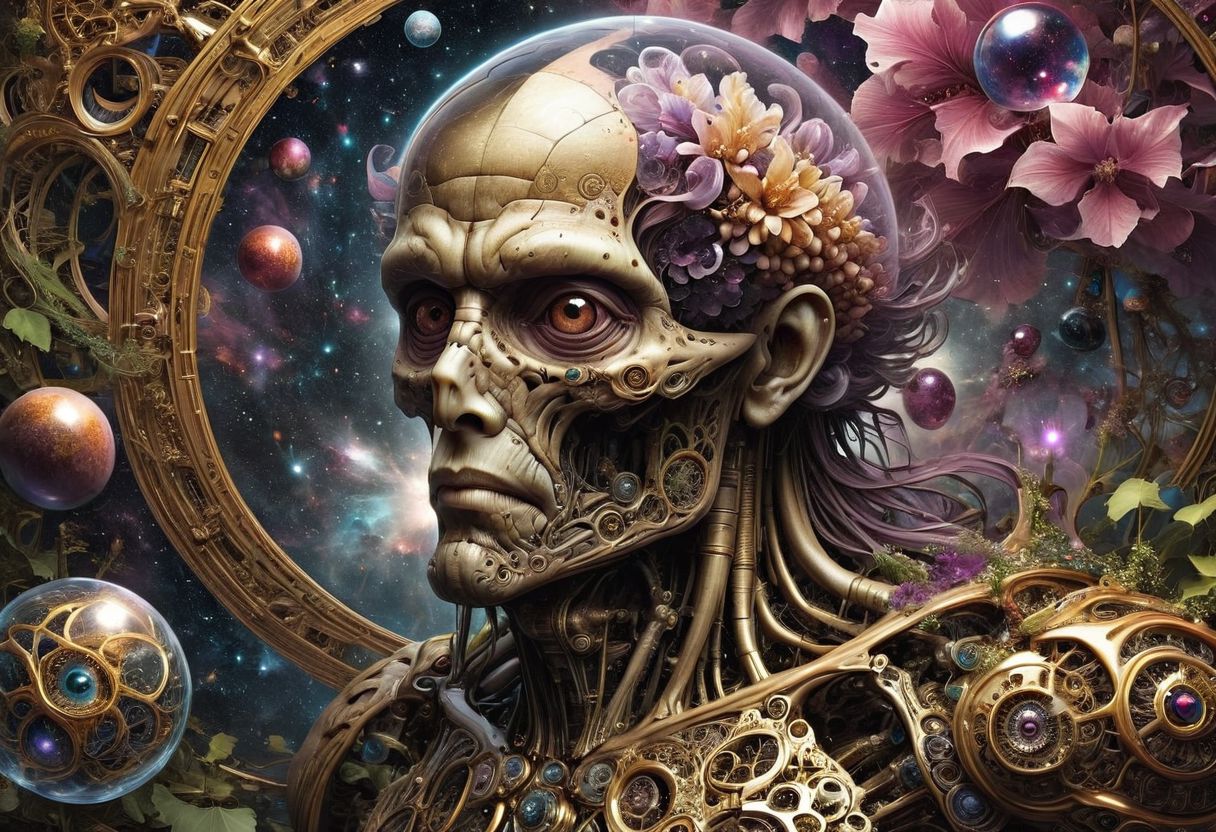 (full body portrait), ((an Ancient old man with extremely long hair down to the ground, siting on a space mushroom, in an intricate interstellar spacesuit holding a huge alien crystal ball, glowing, and blowing out many huge smoke rings)), (A myriad of unique detailed eyeballs all look at the subject), intricate, (old:1.7), by Moebius and H. R. Giger, Da_Vinci, vitruvian, hyper detailed perfect hands, award winning on artstation.com,(intricate details, masterpiece, best quality:1.4), looking at viewer, dynamic pose, wide angle view, dense fog, Different shades of wisteria and grape, embellished with gold decoration, fractal art, in the style of nicola samori, Intense gaze, Bright... ,Model, expression, anthro, Rainbowiridal palette eyes, Shiny..., Bright..., Intense gaze, hombre eyes, ink drawing, anatomical, Da_Vinci, vitruvian
