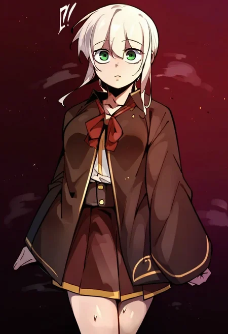 score_9, score_8_up, score_7_up, score_6_up, source_anime, rating_explicit, 1girl, solo, medium breasts, cleavage, surprised, Narrow shoulders, looking at viewer, standing, curvy, EvangelineCross, green eyes, white hair, long hair, school uniform, doppel style