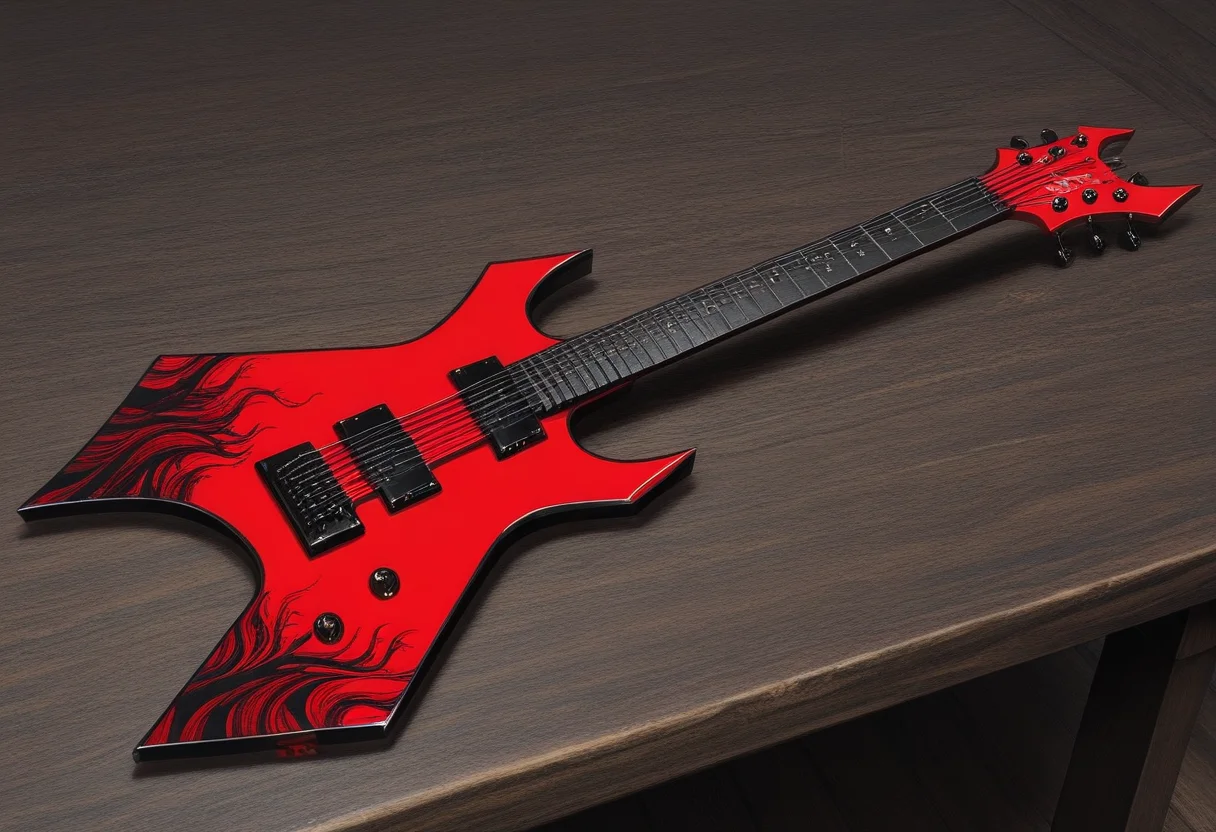masterpiece, best quality, Graphic Design, color art, vibrant colors, colorful, intricate details, high contrast, detailed background, beautiful detailed, new, newest, w4rl0ck, instrument, electric guitar, no humans, still life, red guitar with print, on side, on wooden table, realistic, realism,