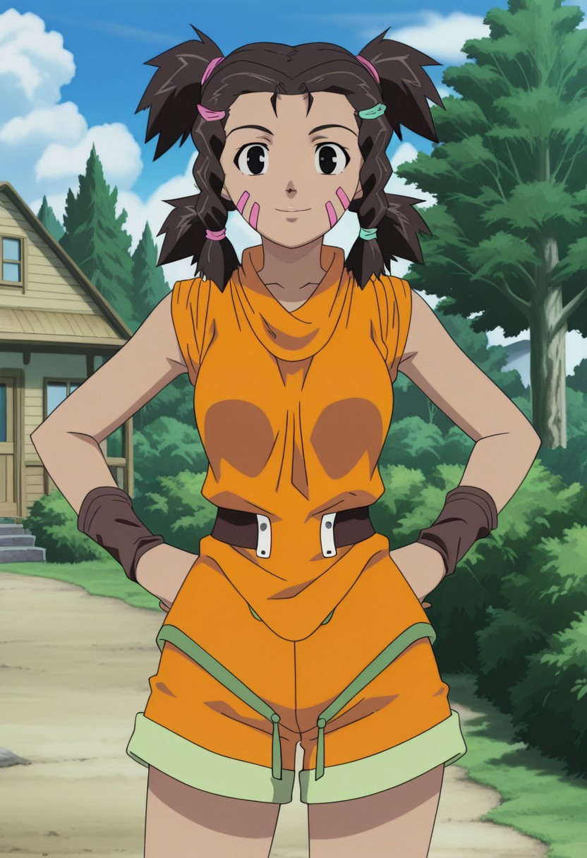anime coloring, anime screencap, masterpiece, best quality, amazing quality, detailed face,Moonbay1, 1girl, anime style, braid, bush, cloud, day, facial mark, Orange shirt, sleeveless, orange shorts, short shorts, hands on hips, house, looking at viewer, outdoors, quad tails, sky, solo, tree, twin braids, two-tone hair tie, short hair