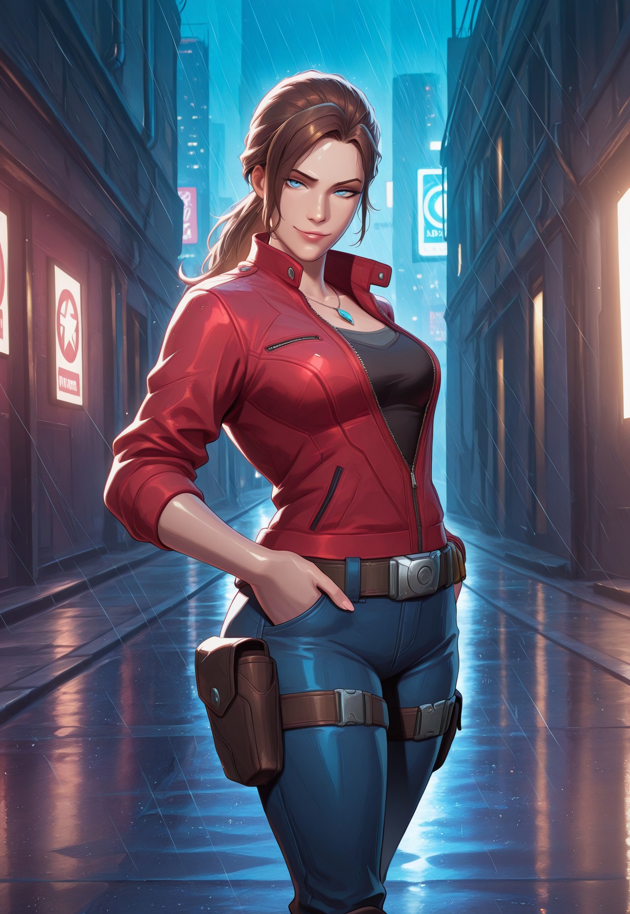 (score_9, score_8_up:1.1), score_7_up, 8k, masterpiece, high quality, extremely detailed, MarvelRivals, semi realistic, cartoon, <lora:AMarvelRivals_style-06:1>, cl4ire, medium breasts, blue eyes, brown hair, long hair, ponytail, necklace, red jacket, partially unzipped, sleeves rolled up, black tank top, jeans, boots, utility belt, holster, thigh strap, cold soft lighting, shiny skin, perfect reflection, perfect lighting, perfect shadows, perfect anatomy, perfect chest, perfect hips, perfect legs and feet, perfect hands, perfect face, perfect eyes, perfect waist, perfect body, perfect face shape, perfect mouth, perfect hair, perfect waist, best quality, detailed hair, expressive eyes, sexy, long legs, slim body, (city, alley, night, fog, rain,) seductive pose, seductive smirk, looking at viewer, raised eyebrow, hands on pockets, cowboy shot,