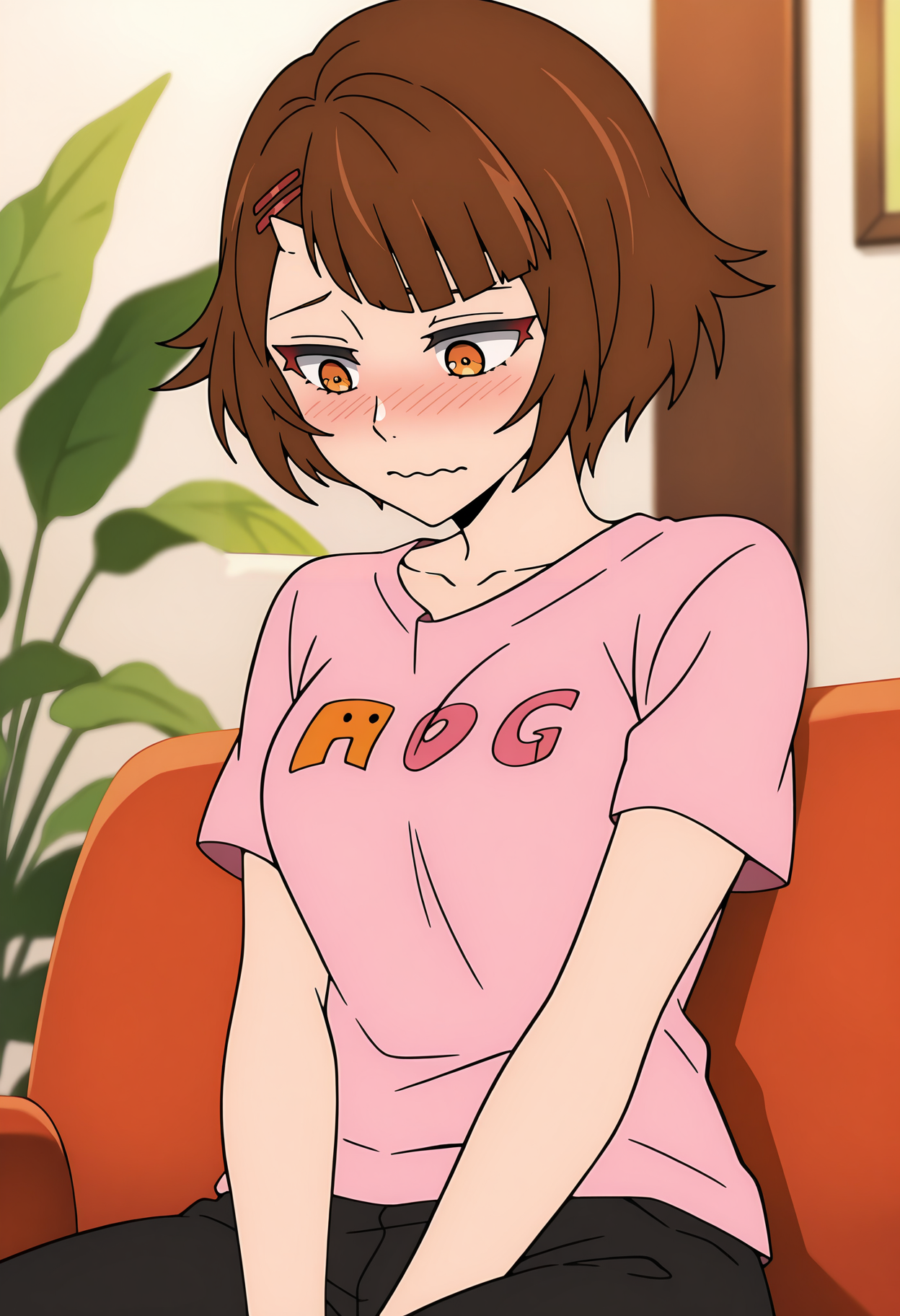 anime screencap, masterpiece, best quality,
<lora:TowerOfGod_Endorsi_IlluXL:0.9>,
1girl, solo, closed mouth, wavy mouth, nose blush,
short hair, blunt bangs, brown hair, orange eyes, single horn, hairclip, 
pink shirt, print shirt, black pants,
aged up, looking down,
indoors, sitting, on couch, plant, blurry background