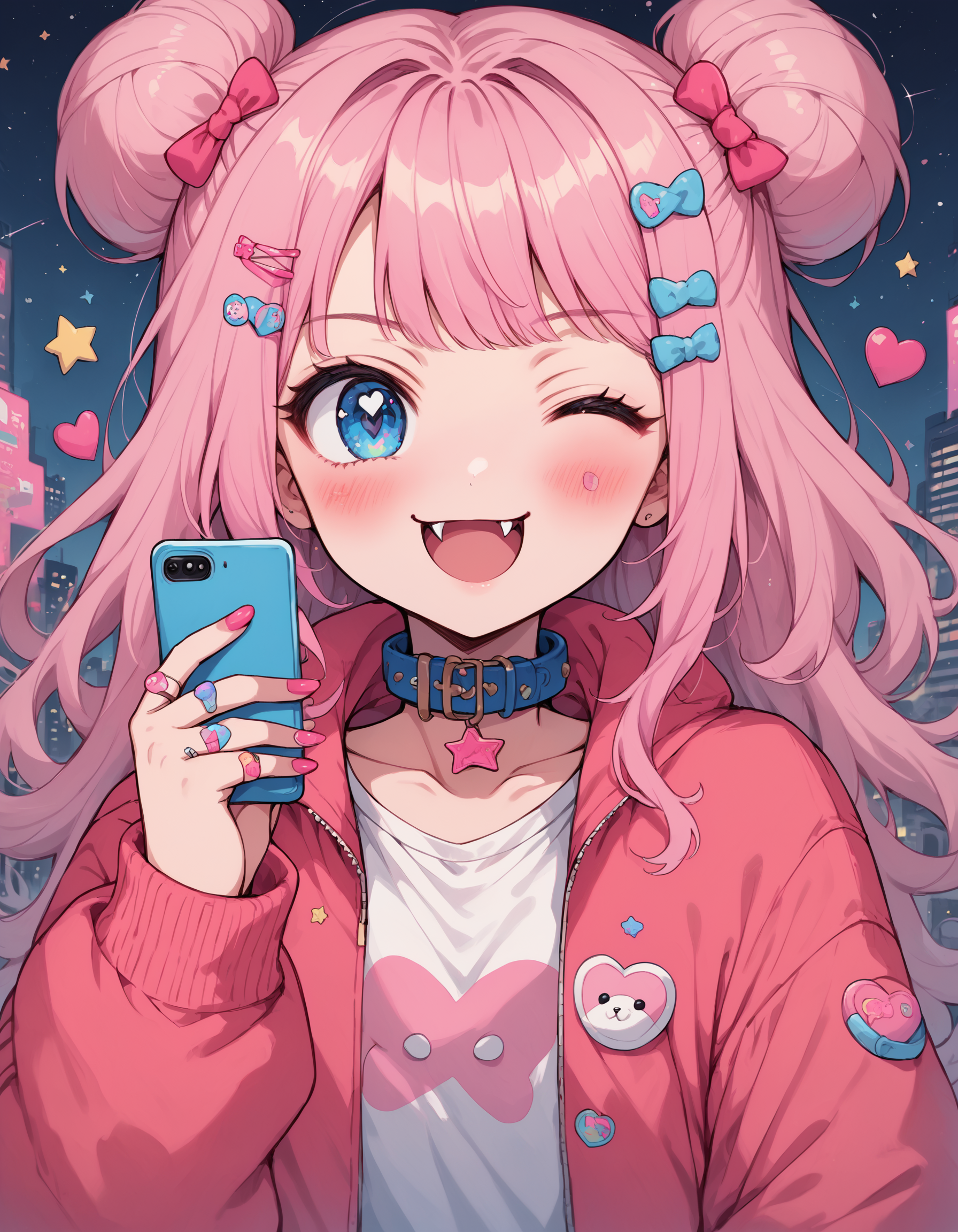 neondskdrmsxl, score_9_up, score_8_up, score_7_up, score_6_up, 1girl, one eye closed, pink hair, solo, bandaid, fangs, smile, open mouth, hair ornament, heart, jewelry, stuffed toy, long hair, bow, jacket, collar, hairclip, hair bow, sticker, hair bun, bangs, ring, phone, long sleeves, upper body, blue eyes, nail polish, stuffed animal, star \, (symbol\), single hair bun, specular highlights, neon theme, neon futurism, dynamic angle, dynamic pose, city view, outdoors, action pose , <lora:NeonDreamsPonyXL:1>