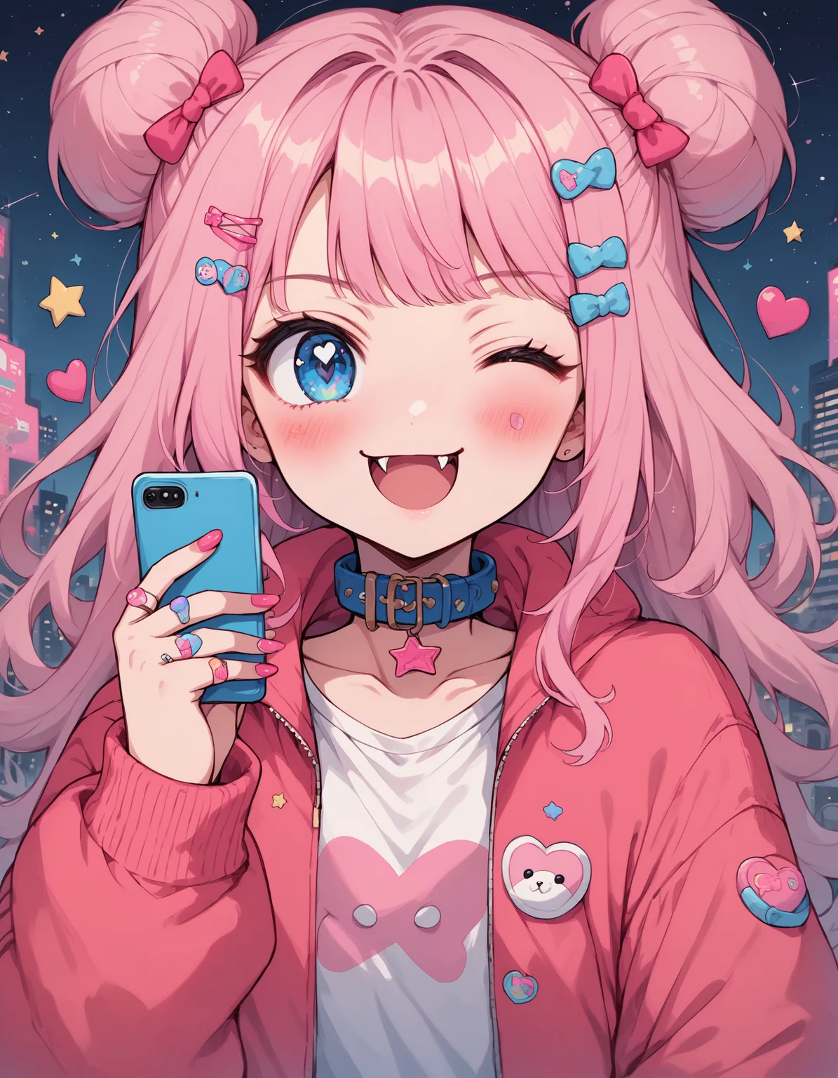 neondskdrmsxl, score_9_up, score_8_up, score_7_up, score_6_up, 1girl, one eye closed, pink hair, solo, bandaid, fangs, smile, open mouth, hair ornament, heart, jewelry, stuffed toy, long hair, bow, jacket, collar, hairclip, hair bow, sticker, hair bun, bangs, ring, phone, long sleeves, upper body, blue eyes, nail polish, stuffed animal, star \, (symbol\), single hair bun, specular highlights, neon theme, neon futurism, dynamic angle, dynamic pose, city view, outdoors, action pose , <lora:NeonDreamsPonyXL:1>