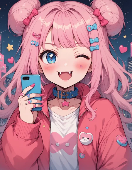 neondskdrmsxl, score_9_up, score_8_up, score_7_up, score_6_up, 1girl, one eye closed, pink hair, solo, bandaid, fangs, smile, open mouth, hair ornament, heart, jewelry, stuffed toy, long hair, bow, jacket, collar, hairclip, hair bow, sticker, hair bun, bangs, ring, phone, long sleeves, upper body, blue eyes, nail polish, stuffed animal, star \, (symbol\), single hair bun, specular highlights, neon theme, neon futurism, dynamic angle, dynamic pose, city view, outdoors, action pose , <lora:NeonDreamsPonyXL:1>
