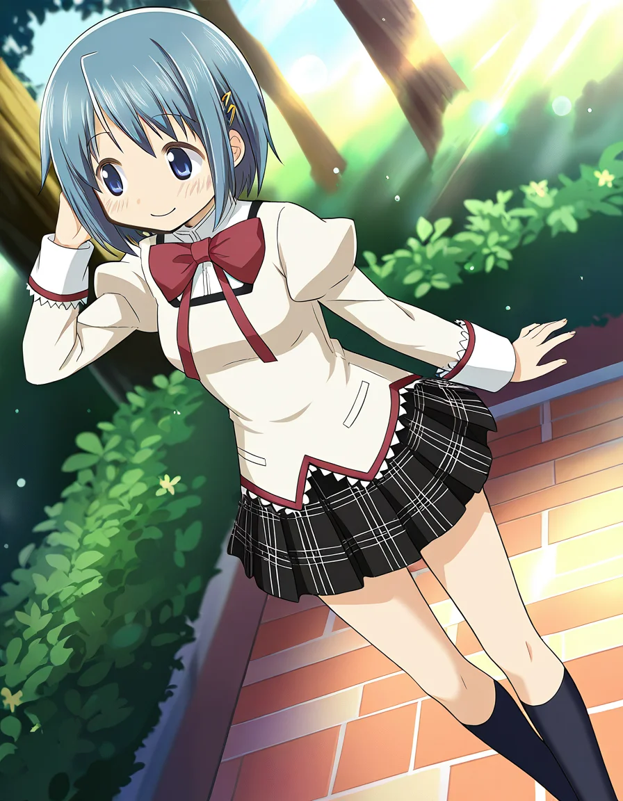 masterpiece, best quality, newest, absurdres, highres, safe, 1girl, miki sayaka \(school uniform\), magia record: mahou shoujo madoka magica gaiden, kneehighs, solo, outdoors, dutch angle, <lora:miki_sayaka_noobaiXLNAIXL_vPred10Version:0.7>