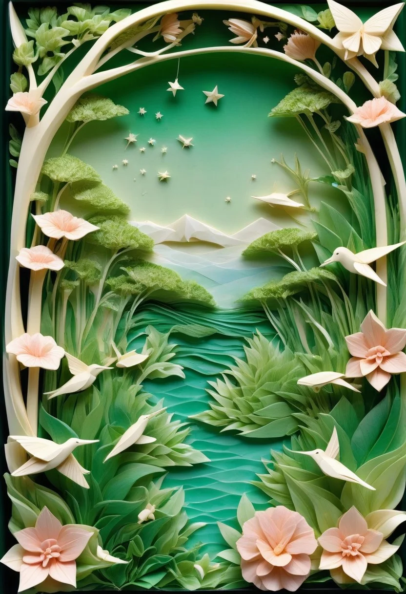 lazypos, (suave pastel matte softwater colored) lush green garden inhabited by delicate different (colored) origami animal made out of ebovy ivory carved in the scene, lake,3d, green plants, pink flowers, star lit sky, serene,