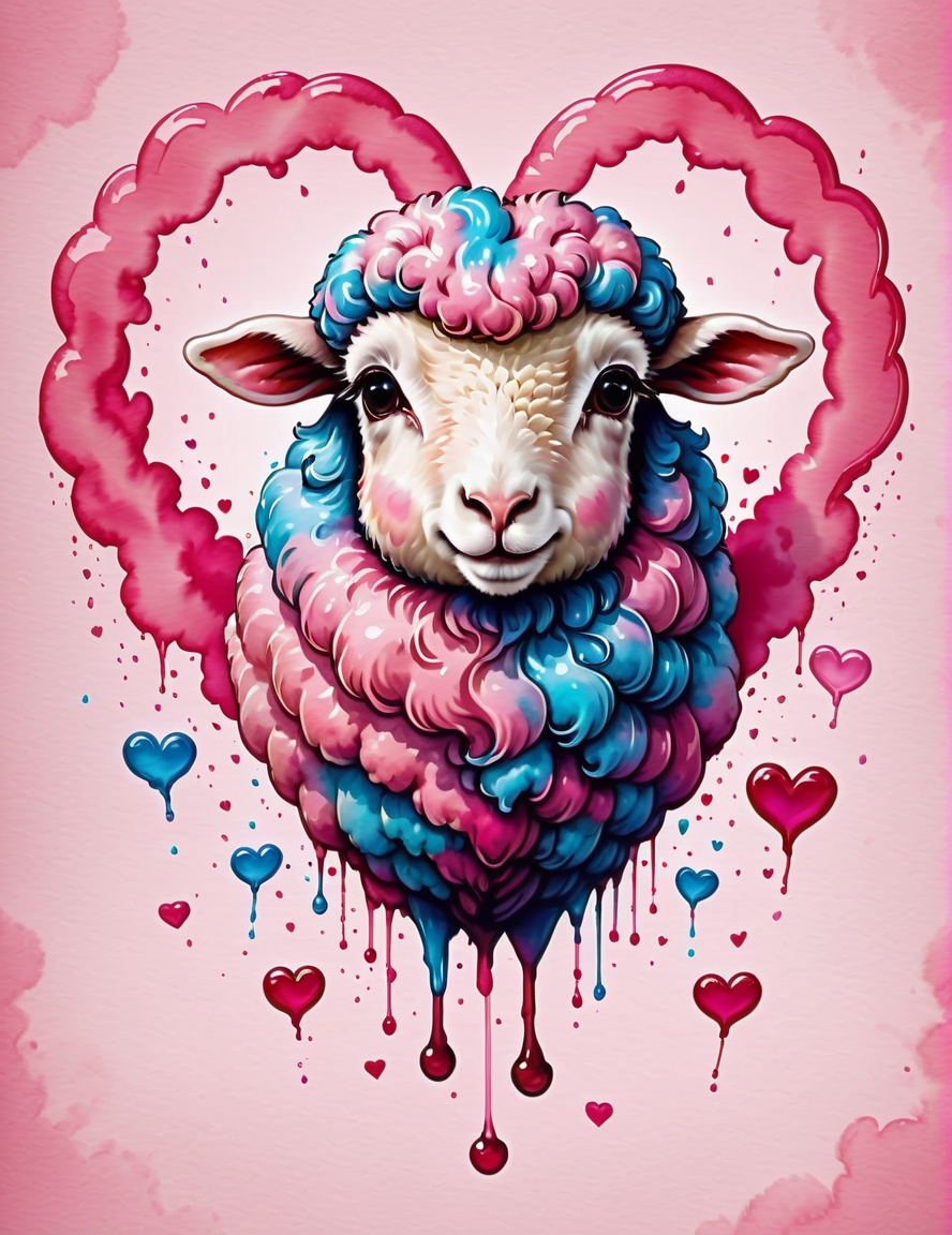 whimsical cotton candy sheep dissolving<lora:SDXLInkStainsFinal:1> Inkstains, high quality, beautiful,  highly detailed, 8k, heart shaped candy