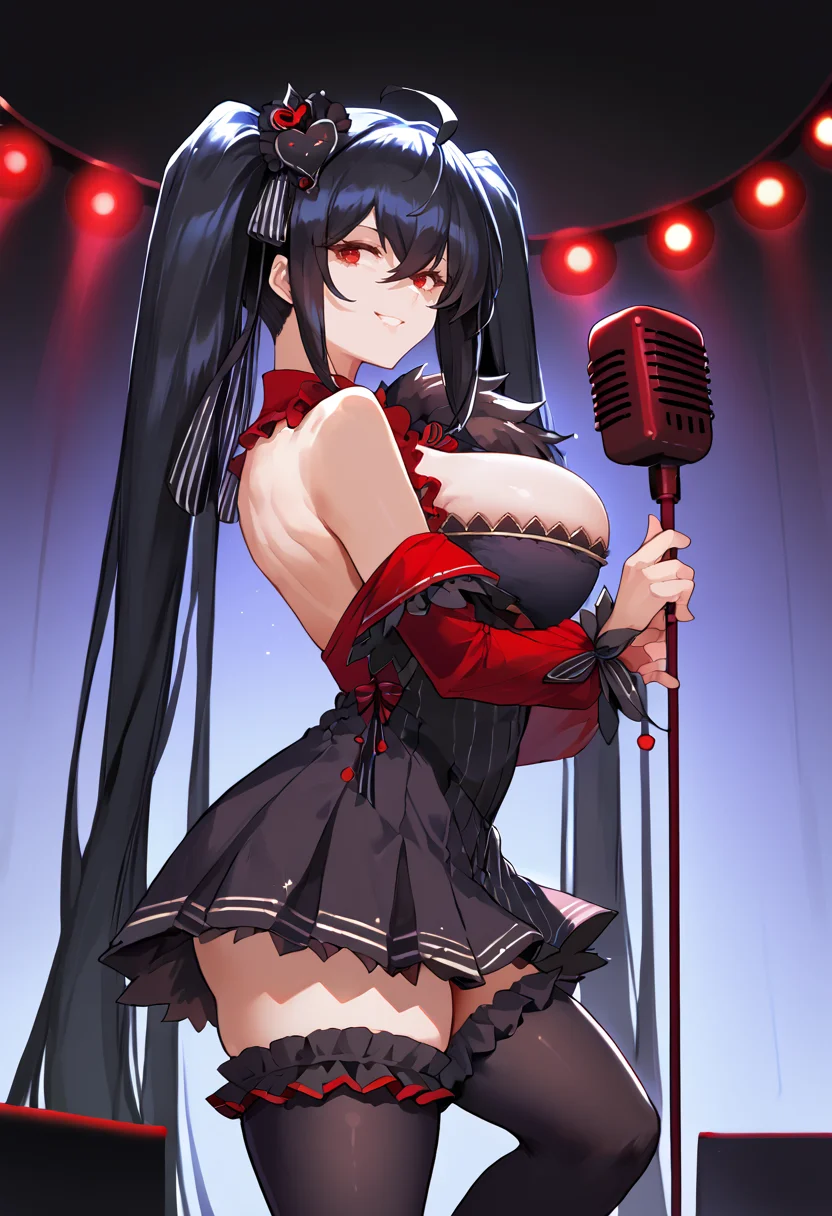 score_9,  score_8_up, score_7_up, , mltaidol, black idol dress, frills, black thigh highs, very long hair,  hair ornament, hair ribbon, red trim, (short skirt),  bare shoulders, twintails, (short dress), smile, <lora:Taiho-idol-v2:1>, huge breasts, black hair, red eyes,  from side, stage, night club, microphone stand, cowboy shot 
 <lora:csr_pd_glora_t1:1>