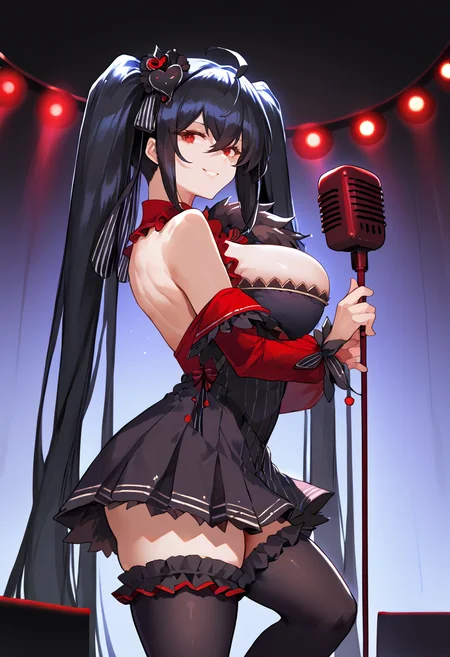 score_9,  score_8_up, score_7_up, , mltaidol, black idol dress, frills, black thigh highs, very long hair,  hair ornament, hair ribbon, red trim, (short skirt),  bare shoulders, twintails, (short dress), smile, <lora:Taiho-idol-v2:1>, huge breasts, black hair, red eyes,  from side, stage, night club, microphone stand, cowboy shot 
 <lora:csr_pd_glora_t1:1>