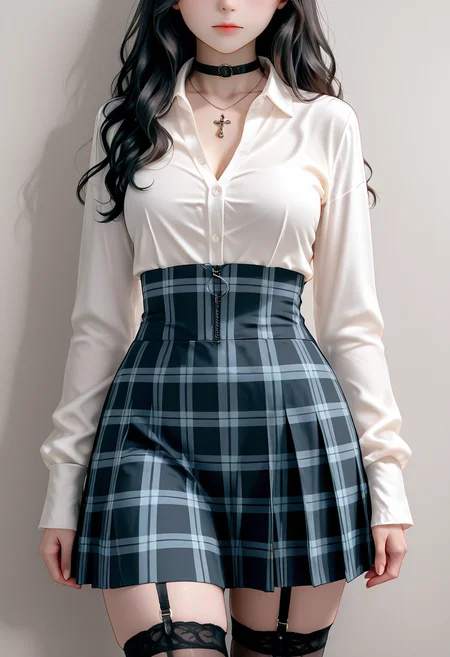 masterpiece, best quality, closed mouth,   1girl, solo, long hair, skirt, simple background, shirt, black hair, thighhighs, long sleeves, dress, jewelry, standing, white shirt, cowboy shot, choker, collared shirt, black thighhighs, necklace, collar, zettai ryouiki, plaid, wavy hair, garter straps, cross,  ,  <lora:R3alB3auty_IXL_v1:1.0>,