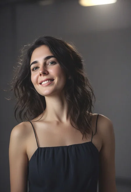30yo american woman in a photostudio
Modeling High cut, high Quality Dress.
Slight makeup, heavy rimmel. Clear skin.  realistic skin style
Black dark Long messy stylish hair. 
Shooting light, indors, cable light
Studio background.
Smiling, with mouth closed. Smirk.
Bokeh. Heavy Bokeh light.
Tilt head, hand on hair. Shy.