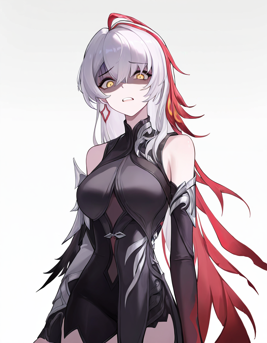 1girl,solo,looking at viewer,dongjun,detached sleeves,simple background,white background,cowboy shot,<lora:dongjun-000014:1>,gloom,disgust,shaded_face,, masterpiece, best quality, very aesthetic, absurdres,newest, incredibly absurdres,