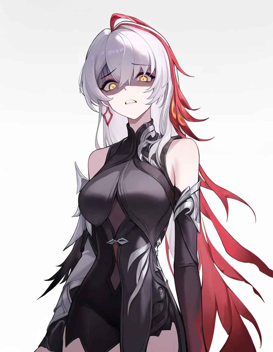 1girl,solo,looking at viewer,dongjun,detached sleeves,simple background,white background,cowboy shot,<lora:dongjun-000014:1>,gloom,disgust,shaded_face,, masterpiece, best quality, very aesthetic, absurdres,newest, incredibly absurdres,