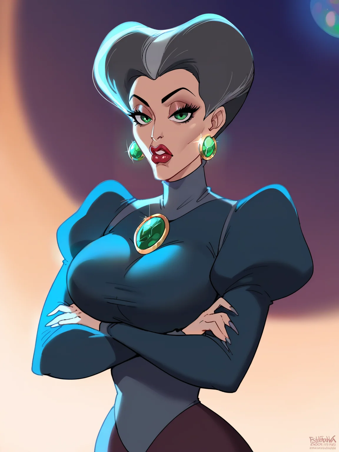 <lora:Lady Tremaine:0.4> l_tr, 1girl, green eyes, gray hair, high heart-shaped pompadour hair, hooked nose, creases on down eyes, red lips, orb-shaped earrings,gown with green gem, high collar, extended sleeves
<lora:fellatrix_style:0.9> big breasts, bimbo, score_9, score_8_up, score_7_up,