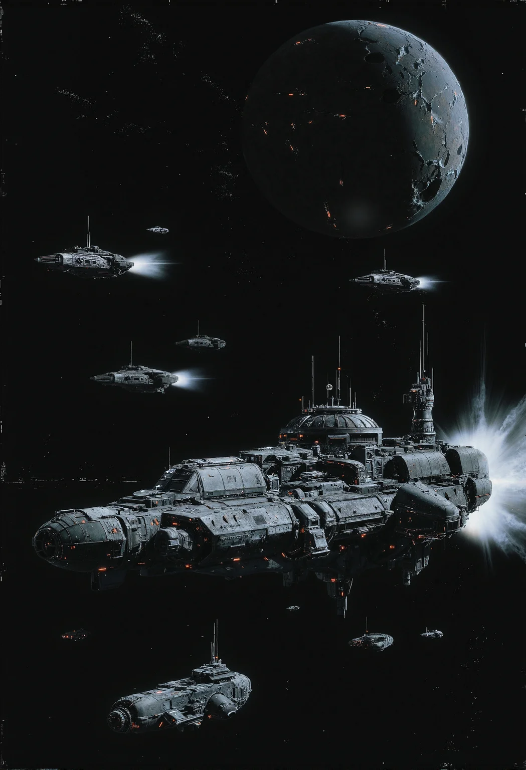 A cinematic, space battle scene featuring a squadron of futuristic warships, cutting through the vast darkness of space with powerful engines. The scene is dominated by an imposing, detailed capital ship at the forefront, with intricate armor plating and industrial machinery visible on its hull. Smaller escort ships follow in formation, each one designed with sharp, angular structures that hint at their combat readiness. In the background looms a massive, desolate planet with a rugged, cracked surface, creating a sense of scale and isolation in deep space. The sky is filled with faint stars, adding depth and emphasizing the vastness of the cosmos. The lighting is dramatic, casting shadows across the warships' metallic exteriors, while the intense white glow from their engines leaves trails, capturing the speed and momentum of their forward charge. The atmosphere is tense and evokes a sense of impending confrontation. <lora:n30nfilm.safetensors:0.8>, <lora:Dieselcore_Flux.safetensors:0.7>, <lora:Glitchcore_Flux.safetensors:0.4>, <lora:Sci-fi_env_flux.safetensors:0.75>,