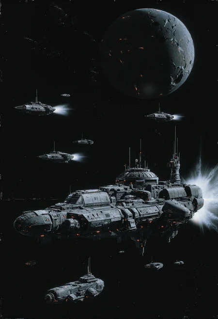A cinematic, space battle scene featuring a squadron of futuristic warships, cutting through the vast darkness of space with powerful engines. The scene is dominated by an imposing, detailed capital ship at the forefront, with intricate armor plating and industrial machinery visible on its hull. Smaller escort ships follow in formation, each one designed with sharp, angular structures that hint at their combat readiness. In the background looms a massive, desolate planet with a rugged, cracked surface, creating a sense of scale and isolation in deep space. The sky is filled with faint stars, adding depth and emphasizing the vastness of the cosmos. The lighting is dramatic, casting shadows across the warships' metallic exteriors, while the intense white glow from their engines leaves trails, capturing the speed and momentum of their forward charge. The atmosphere is tense and evokes a sense of impending confrontation. <lora:n30nfilm.safetensors:0.8>, <lora:Dieselcore_Flux.safetensors:0.7>, <lora:Glitchcore_Flux.safetensors:0.4>, <lora:Sci-fi_env_flux.safetensors:0.75>,