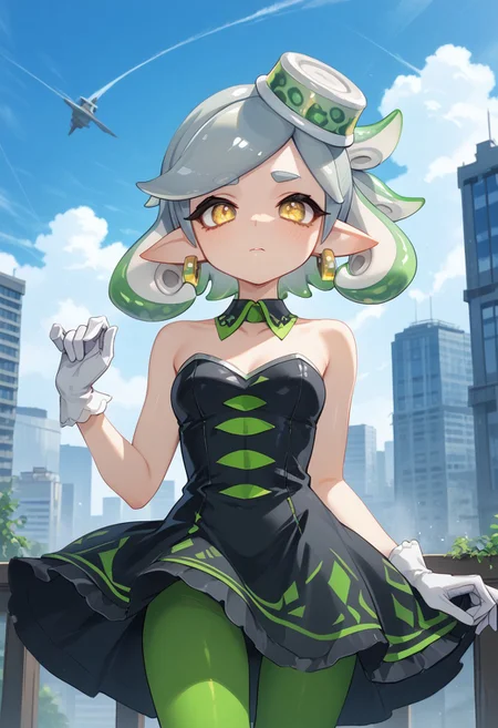 score_9, score_8_up, score_7_up, masterpiece, 4k, high quality, best quality, imtdmariest, 1girl, tentacle hair, pointy ears, mode under eye, + +, yellow eyes, short hair, grey hair, earrings, dress, white gloves, green pantyhose, detached collar, strapless dress, bare shoulders, Focus Marie, on a sky scrapers in a movable platformers cleaning the side of the skyscraper with a  squeegee with water falling off the squeegee and running down the windows her outfit is a bit wet and thus see through,
