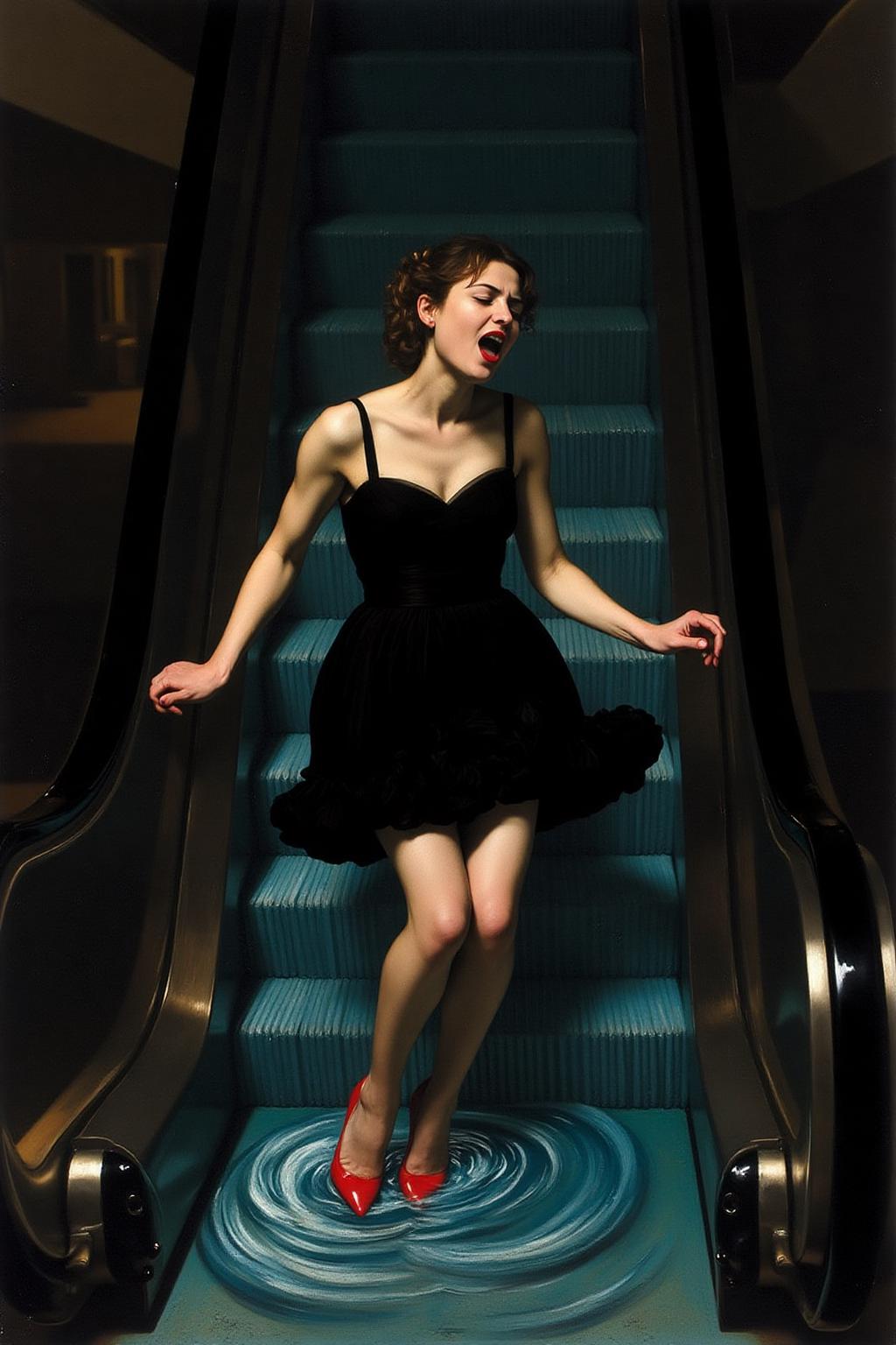 carava1 painting. 
a woman in a chic little black dress and vibrant red high heels, gracefully descending an escalator. She wears black lipstick and is screaming. Her attire exudes elegance and sophistication, with the red heels providing a bold pop of color against the classic black dress. The escalator itself, typically found in a mall or airport, leads downwards into an unexpected and dreamlike destination -- pool of rippling water. The water is blue and ripples as the escalator's steps disappear beneath the surface. The woman's posture is poised and confident, as she seems unperturbed by the unusual surroundings. The overall atmosphere is a blend of high fashion and surreal fantasy, capturing a moment that is both elegant and otherworldly, <lora:carava1_cap_d6a3e11:1.0><lora:828421255205093280:0>