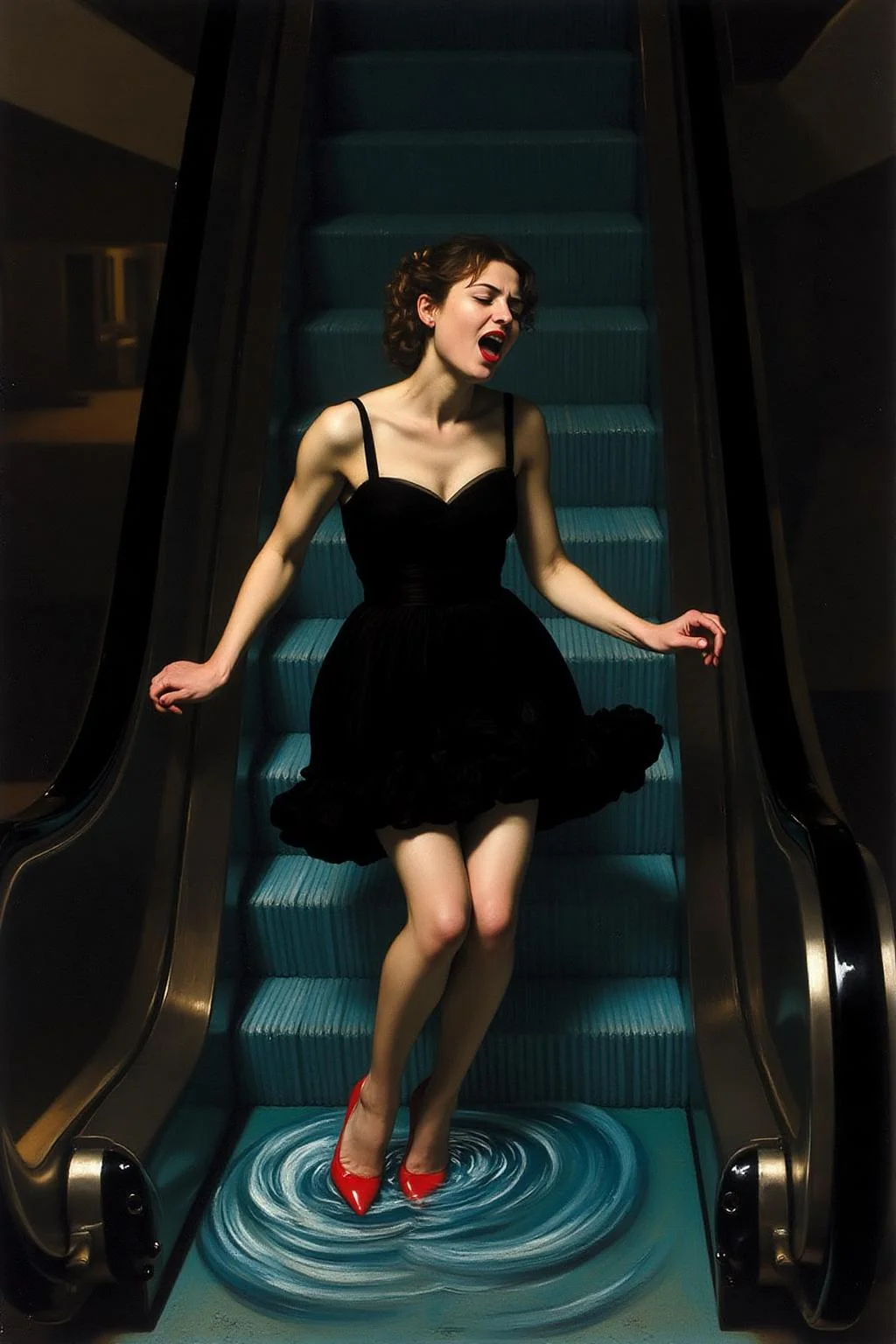 carava1 painting.
a woman in a chic little black dress and vibrant red high heels, gracefully descending an escalator. She wears black lipstick and is screaming. Her attire exudes elegance and sophistication, with the red heels providing a bold pop of color against the classic black dress. The escalator itself, typically found in a mall or airport, leads downwards into an unexpected and dreamlike destination -- pool of rippling water. The water is blue and ripples as the escalator's steps disappear beneath the surface. The woman's posture is poised and confident, as she seems unperturbed by the unusual surroundings. The overall atmosphere is a blend of high fashion and surreal fantasy, capturing a moment that is both elegant and otherworldly, <lora:carava1_cap_d6a3e11:1.0><lora:828421255205093280:0>