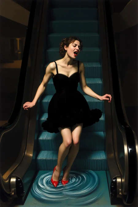 carava1 painting. 
a woman in a chic little black dress and vibrant red high heels, gracefully descending an escalator. She wears black lipstick and is screaming. Her attire exudes elegance and sophistication, with the red heels providing a bold pop of color against the classic black dress. The escalator itself, typically found in a mall or airport, leads downwards into an unexpected and dreamlike destination -- pool of rippling water. The water is blue and ripples as the escalator's steps disappear beneath the surface. The woman's posture is poised and confident, as she seems unperturbed by the unusual surroundings. The overall atmosphere is a blend of high fashion and surreal fantasy, capturing a moment that is both elegant and otherworldly, <lora:carava1_cap_d6a3e11:1.0><lora:828421255205093280:0>