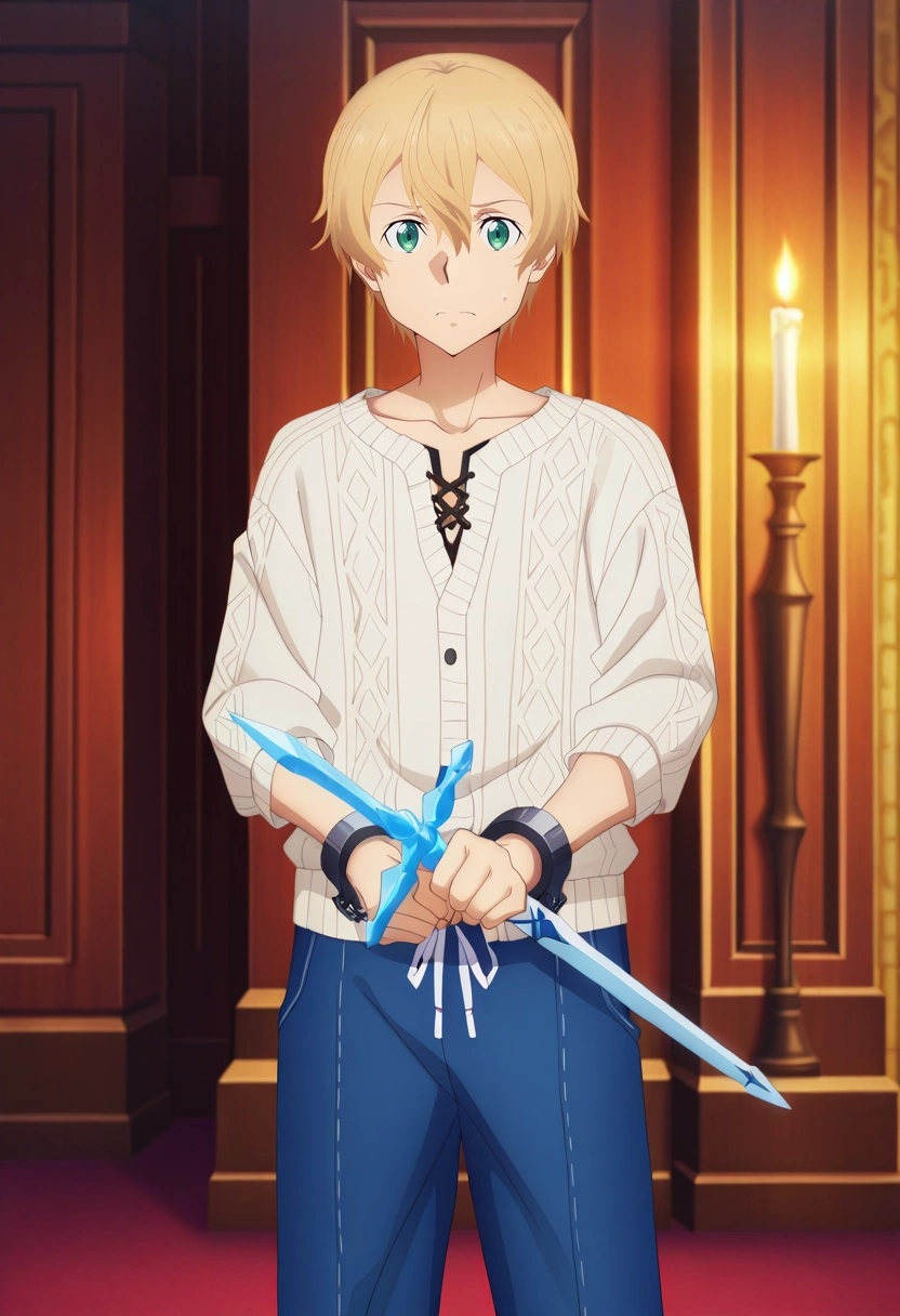 masterpiece, best quality, , anime screencap, anime coloring, official style, , 1boy, solo, male focus, <lora:eugeo_sao_ilxl:0.92>, eugeo_sao, blonde hair, green eyes, bangs, hair between eyes, short hair, holding sword, Titanic voyage, grand deck, billowing sails, icy waters, gazing pose, awe-struck expression, cold moonlight, Cuffed pants, Linen Chevron Zip-up cardigan, , Viking helmet,