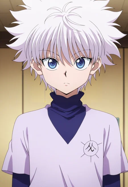 masterpiece, best quality, intricate details, anime screencap, anime coloring, official style, looking at viewer, , 1boy, solo, male focus, <lora:killua_zoldyck_ilxl:0.94>, killua_zoldyck, white hair, blue eyes, short hair, spiked hair, bangs, messy hair, ,