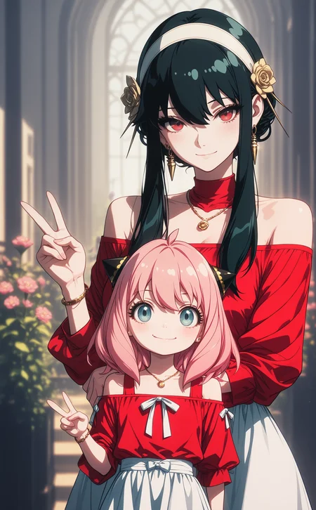 masterpiece, best quality, amazing quality, yor briar, anya \(spy x family\), long hair, looking at viewer, smile, blue eyes, shirt, skirt, multiple girls, black hair, hair ornament, red eyes, dress, holding, hair between eyes, closed mouth, 2girls, bare shoulders, pink hair, ahoge, flower, earrings, hairband, hair flower, off shoulder, necklace, blurry, bracelet, v, blurry background, white skirt, red shirt, child, white hairband, off-shoulder shirt, mother and daughter, gold earrings, GLSHS, delicate colors, melanch0ly, <lora:noobai_ep11_stabilizer_v0.138_fp16:0.3> <lora:NOOB_vp1_detailer_by_volnovik_v1:0.3> <lora:lpc_v10:0.7> <lora:MelancholyAnime:0.8> <lora:GLSHS-IL:0.7>