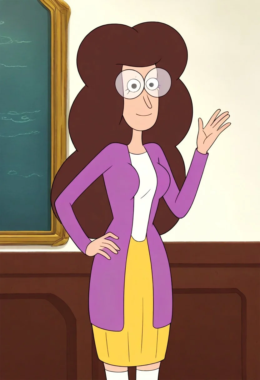 ((room background)),score_9, score_8_up, score_7_up,score_6_up,
1girl, solo, MelanieBaker_C, light skin, black eyes, voluminous fluffy hair, dark brown hair, long hair, large round glasses, cute, purple cardigan, white shirt, yellow pencil skirt, white high socks, pink flat heels, tall stature, social smile, perfect eyes, perfect smile, looking at the viewer, detailed eyes, perfect eyes, standing, big breasts (front pose, bust shot) five fingers, perfect hands, (hand on hip, hand up, v sign)