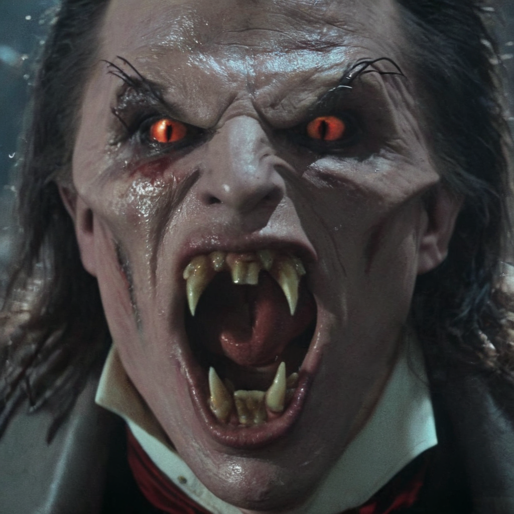 Horror-themed,  <lora:Fright Night 1985 Film Style:1>
Cinematic Closeup Shot Film Footage captured by Panavision Cameras and Lenses, vampire creature, Jerry a vampire creature with a large open vampire mouth and a vampire fangs teeth in a dark coat, screaming at camera with scary vampire face and red eye lenses and messy hair staring at camera with open mouth with dim dramatic light on Fright Night 1985 Film Style, Eerie, unsettling, dark, spooky, suspenseful, grim, highly detailed