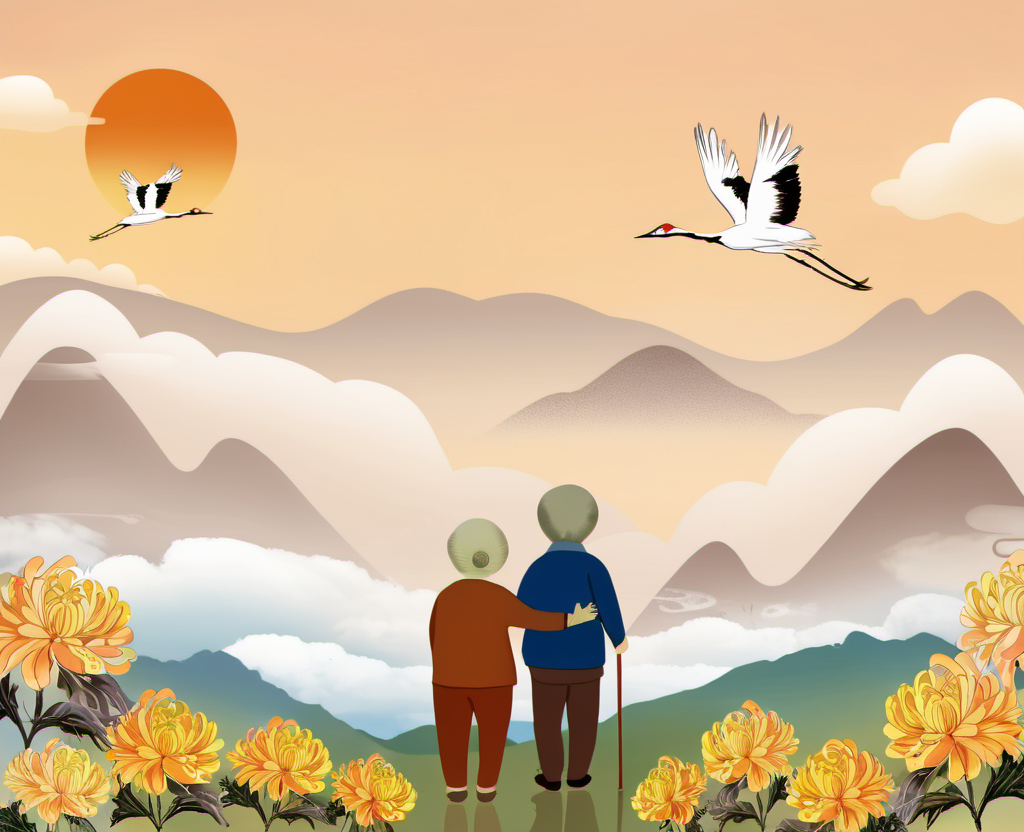 ChongYang Photography, an old couple, hills, clouds, 2cranes flying in air, sunset, chrysanthemums, best quality, high quality, masterpiece, 8K UHD, highly detailed, ultra detailed <lora:ChongYang_v1.0:0.8>