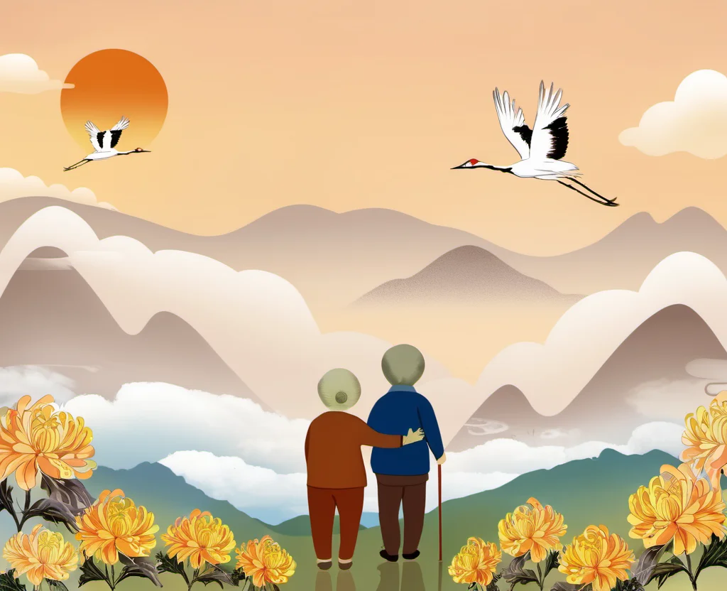 ChongYang Photography, an old couple, hills, clouds, 2cranes flying in air, sunset, chrysanthemums, best quality, high quality, masterpiece, 8K UHD, highly detailed, ultra detailed <lora:ChongYang_v1.0:0.8>