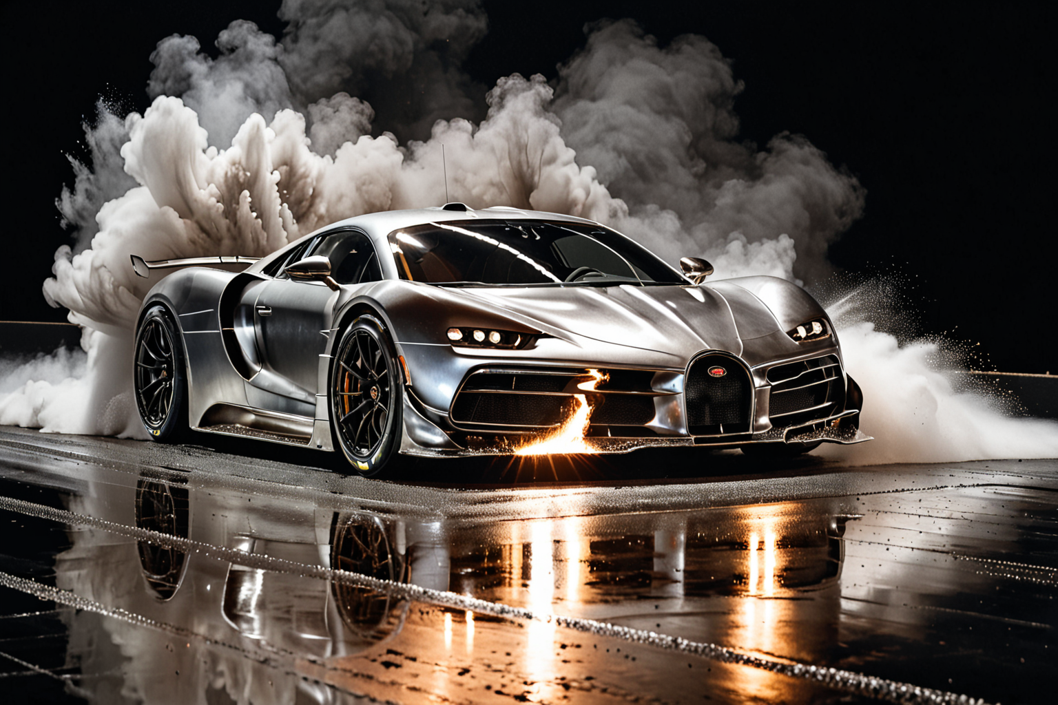 Popular Hyper car racing through Silver LIQUID METAL, liquid metal sprays up from the cars tyres, Car drifting in a black void <lora:Add_UHD_Details_&_Text_v1:0.85>
