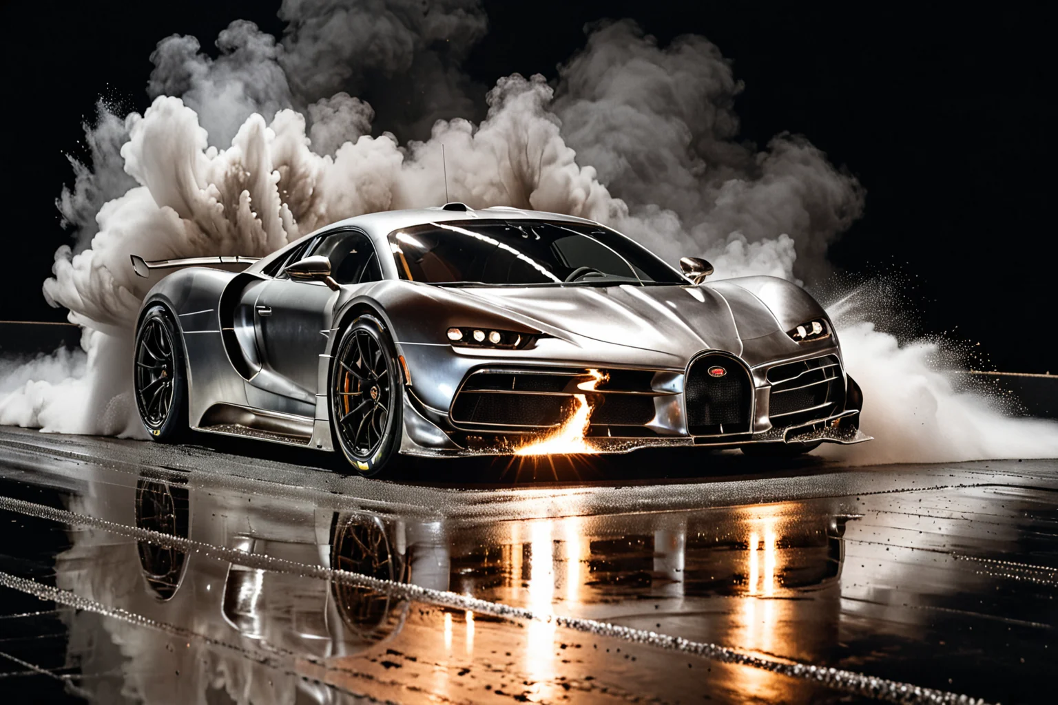 Popular Hyper car racing through Silver LIQUID METAL, liquid metal sprays up from the cars tyres, Car drifting in a black void <lora:Add_UHD_Details_&_Text_v1:0.85>