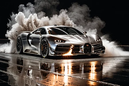 Popular Hyper car racing through Silver LIQUID METAL, liquid metal sprays up from the cars tyres, Car drifting in a black void <lora:Add_UHD_Details_&_Text_v1:0.85>