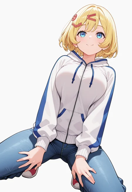 Smooth Quality,masterpiece,very intricate, high quality details, ultra realistic, high detailed skin,detailed enviorement,absurdres,
v,solo,
<lora:Esyne_CNR:0.8> esyne_cnr, blue eyes, blonde hair, short hair,large breasts, hair ornament, hairclip,, simple background, white background, from below,
kneeling, hands on thighs, head slightly tilted, neutral expression, focused gaze, ,, ^q^ ,, zip-up hoodie, ,track jacket, ,jeans, ,