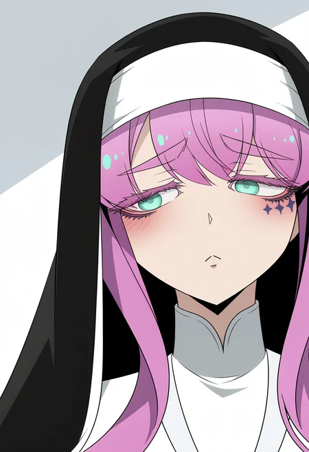 Sister Gigant, solo, nun, habit, blush, green eyes, traditional nun, :<, sidelocks, closed mouth, portrait,<lora:Sister Gigant_illustrious-000038:1>,long sleeves,white sleeves,facial_mark